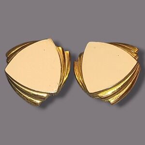 Vintage GJD Clip On Earrings Gold Tone Cream Enamel Geometric